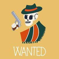 Wanted placard with cowboy skull, gun. Concept western vector