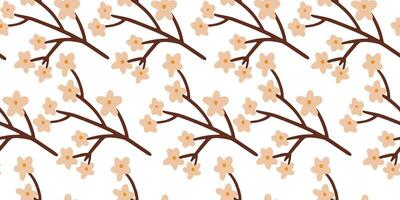 Seamless pattern with pink small flower blossom on branches on white background vector illustration. Cute spring floral print.