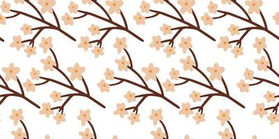 Seamless pattern with pink small flower blossom on branches on white background vector illustration. Cute spring floral print.