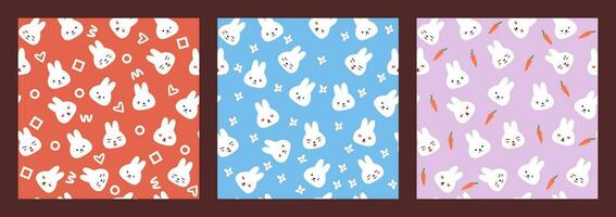 The set of seamless patterns with a cute cartoon rabbit face. vector