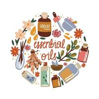 vector ilustración de esencial aceite. botellas de petróleo y ingredientes para relajación, aromaterapia y masaje.