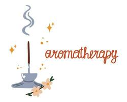 A scented stick on a stand with the inscription aromatherapy. Incense sticks. vector