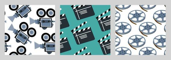 The set of vector patterns of cinema and film. Filmstrip, camera and clapboard