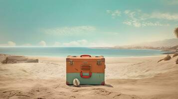 Suitcase in the sand of the beach. Vacation scene with travel case on the shore line. Generative AI. photo