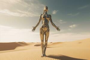 Crome robot woman posing with spread arms. Artificial intelligence rise and shiny. Mechanical beauty. Generated AI. photo