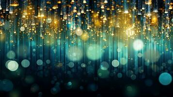 Abstract blue background with bokeh, sparkles and golden lights. Generated AI. photo