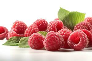 Raspberry on white background. Juicy red berry, fresh and sweet. Generated AI. photo