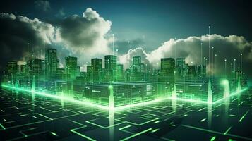 Concept of a digital city with cloud connections. Futuristic network in the clouds. Generated AI. photo