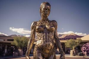 Crome robot woman portrait in the city. Artificial intelligence rise and shiny. Mechanical beauty. Generated AI. photo
