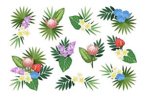 Tropical set of hand drawn floral arrangement. Vector botanical illustration. Layouts for the design of greeting cards and invitations.