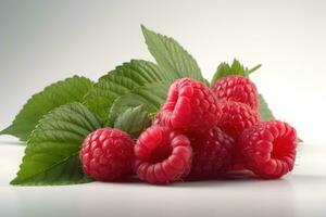 Raspberry on white background. Juicy red berry, fresh and sweet. Generated AI. photo