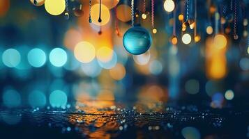 Abstract blue background with bokeh, sparkles and golden lights. Generated AI. photo