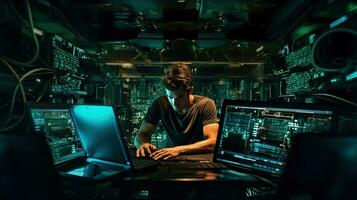 Man sitting with laptop in the secret laboratory. Hacker sending the virus. Generated AI. photo