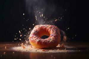 Donut expressive shot with topping and sugar powder splash. Tasty donut food styling image. Generative AI. photo