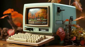 antiguo elegante Clásico retro personal computadora para vídeo juegos y trabajo póster desde el Años 80 90s foto