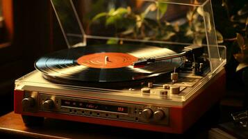 Old stylish vintage retro music vinyl player with records poster photo