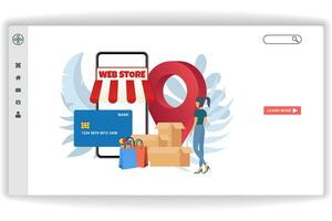 A woman walked towards the store. website page Checkout. Modern flat design concept of web page design for website and mobile website vector