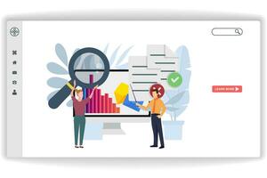 A woman carrying a magnifying glass. website page Business Analytics. Modern flat design concept of web page design for website and mobile website vector