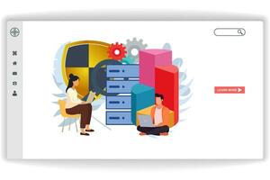 A woman sitting in a chair looking at a laptop. website page Storage Service. Modern flat design concept of web page design for website and mobile website vector