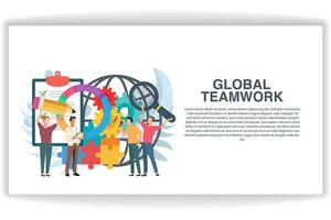 A woman holding a pencil. website page Global Teamwork. Modern flat design concept of web page design for website and mobile website vector