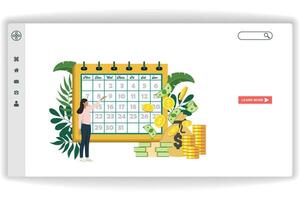 un mujer es señalando a el calendario. sitio web página negocio inversión. moderno plano diseño concepto de web página diseño para sitio web y móvil sitio web vector