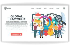 un mujer participación un lápiz. sitio web página global trabajo en equipo. moderno plano diseño concepto de web página diseño para sitio web y móvil sitio web vector