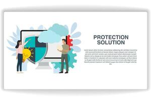 A woman was pointing at the shield. website page Protection Solution. Modern flat design concept of web page design for website and mobile website vector