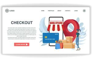 A woman walked towards the store. website page Checkout. Modern flat design concept of web page design for website and mobile website vector