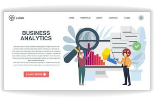A woman carrying a magnifying glass. website page Business Analytics. Modern flat design concept of web page design for website and mobile website vector