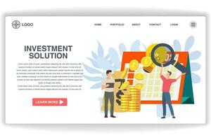 A man is holding a magnifying glass. website page Investment Solution. Modern flat design concept of web page design for website and mobile website vector