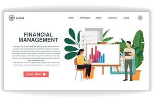 A woman is cupping data. website page Financial Management. Modern flat design concept of web page design for website and mobile website vector