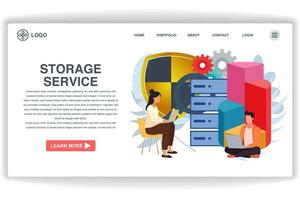 A woman sitting in a chair looking at a laptop. website page Storage Service. Modern flat design concept of web page design for website and mobile website vector