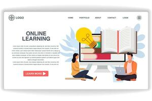 Two people are using laptops to study. website page Online Learning. Modern flat design concept of web page design for website and mobile website vector