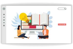 Two people are using laptops to study. website page Online Learning. Modern flat design concept of web page design for website and mobile website vector