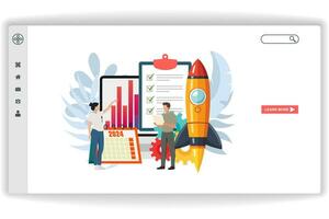 A woman is pointing at a document. website page Startup Project. Modern flat design concept of web page design for website and mobile website vector