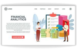 Two people are analyzing finances. website page Financial Analytics. Modern flat design concept of web page design for website and mobile website vector