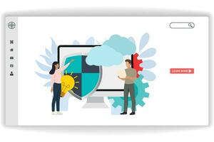 A woman was pointing at the shield. website page Protection Solution. Modern flat design concept of web page design for website and mobile website vector