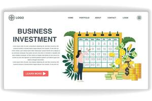 A woman is pointing to the calendar. website page Business Investment. Modern flat design concept of web page design for website and mobile website vector