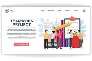 A man holding a pencil. website page Teamwork Project. Modern flat design concept of web page design for website and mobile website vector