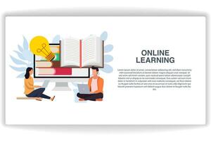 Two people are using laptops to study. website page Online Learning. Modern flat design concept of web page design for website and mobile website vector