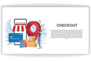 A woman walked towards the store. website page Checkout. Modern flat design concept of web page design for website and mobile website vector