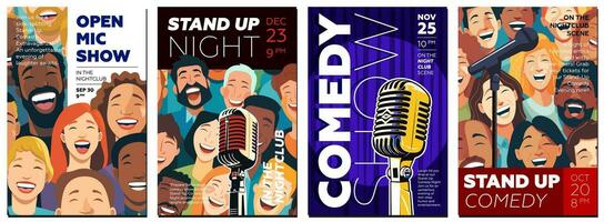 Stand up comedy show poster set. Open mic night placard template collection. Retro microphone with laughing people on colorful print. Promotional typography banner design. Vector eps illustration