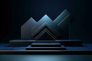 Dark blue pedestal in black room with geometric shapes. Podium for product showcase. Generated AI. photo