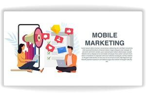 Men and women sitting looking at laptops. website page Mobile Marketing. Modern flat design concept of web page design for website and mobile website vector