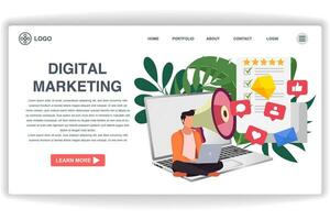 A man is looking at a laptop. website page Digital Marketing. Modern flat design concept of web page design for website and mobile website vector