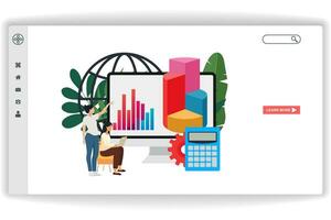 A woman was sitting looking at the laptop. website page Analysis. Modern flat design concept of web page design for website and mobile website vector