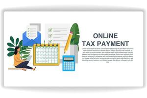 A woman sits looking at a laptop. website page Online Tax Payment. Modern flat design concept of web page design for website and mobile website vector