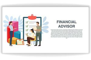 A woman stood giving a briefing. website page Financial Advisor. Modern flat design concept of web page design for website and mobile website vector