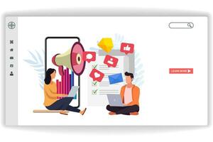 Men and women sitting looking at laptops. website page Mobile Marketing. Modern flat design concept of web page design for website and mobile website vector