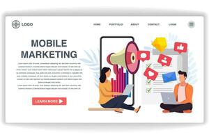 Men and women sitting looking at laptops. website page Mobile Marketing. Modern flat design concept of web page design for website and mobile website vector